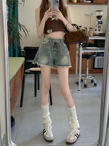 Hot girl retro denim shorts women's summer hot pants small high waist sexy a line straight wide leg pants