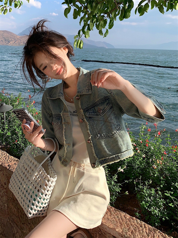 Lapel denim short-sleeved shirt jacket women's summer design retro distressed loose cardigan half-sleeved top