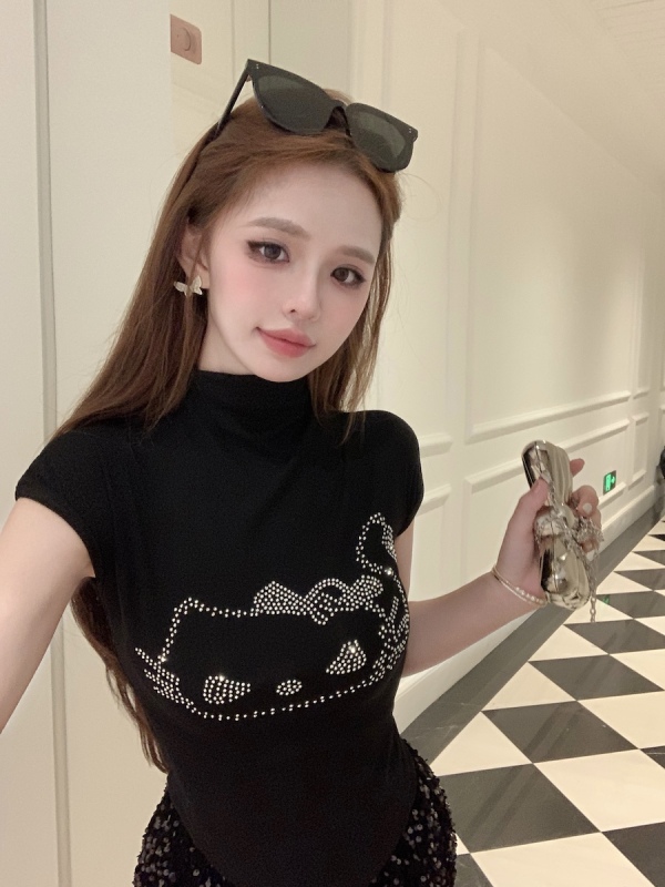 Actual shot of Pure Desire Sweet Hot Girl Short Flying Sleeve Top Women's Summer Half Turtle Collar Hot Diamond Short Sleeve T-shirt Chic and Beautiful
