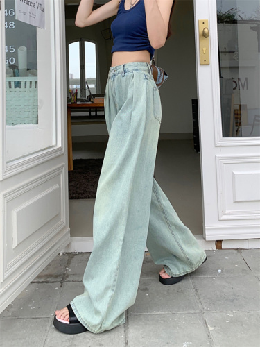 American retro light-colored pleated wide-leg jeans for women new high-waist slim floor-length trousers