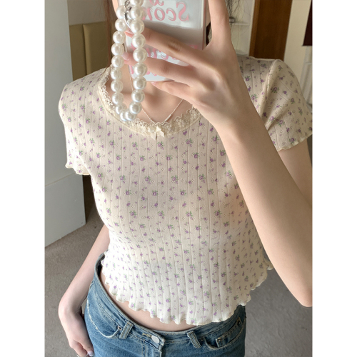 Real shot of summer small age-reducing slim fit short chic floral top for women 2024 lace U-neck top