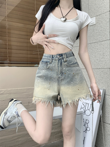 Real shot of denim shorts for women in summer  new retro high-waist slim design A-line wide-leg pants hot style