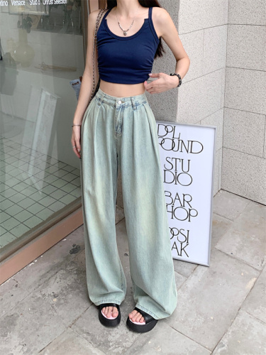 American retro light-colored pleated wide-leg jeans for women new high-waist slim floor-length trousers