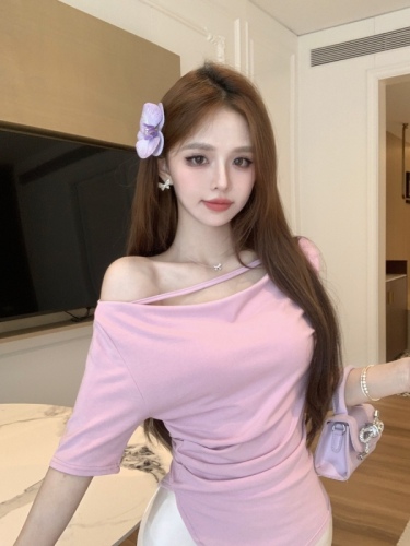 Real shot of clavicle-exposing swung collar short-sleeved T-shirt for women new Korean style irregular purple top ins