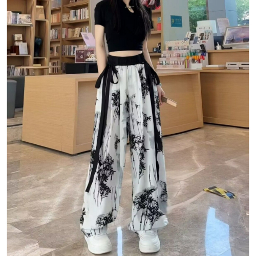Chinese style ink and ice silk wide-leg pants for small people, high waist and slimming 2023 new summer casual pants