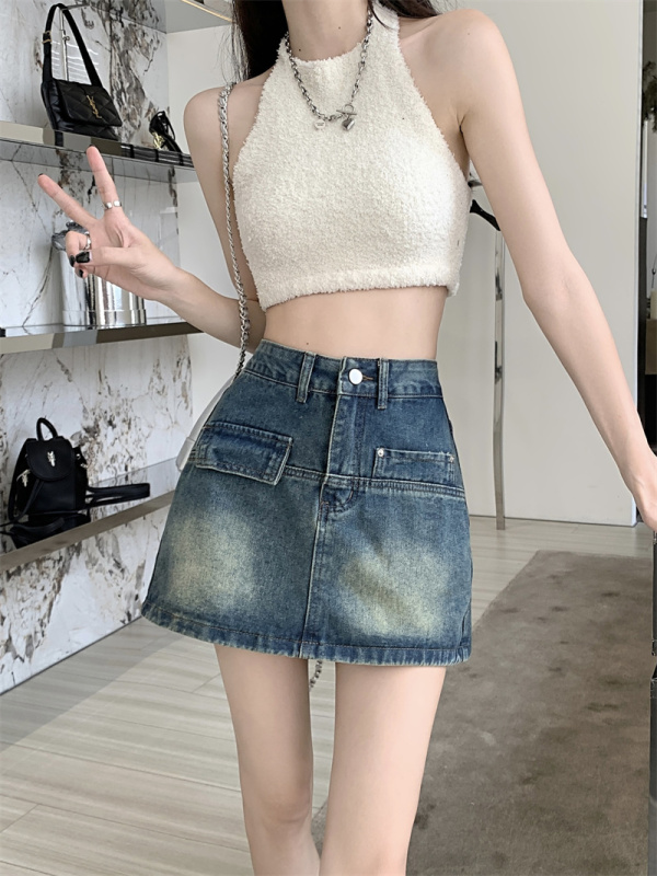 High-waisted retro culottes denim skirt women's 2023 new petite skirt a-line hip-hugging short skirt