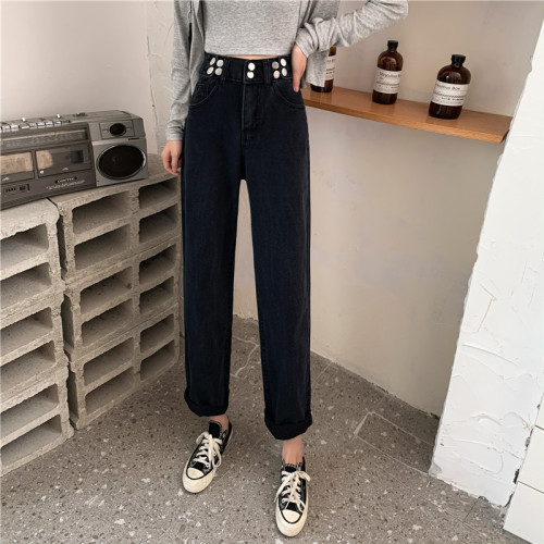 Real shot of small jeans for women in autumn and winter new high-waisted wide-leg pants American high street straight long pants trendy