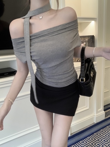 Real shot T-shirt summer hot girl sexy temperament slimming pleated one-shoulder waist top#