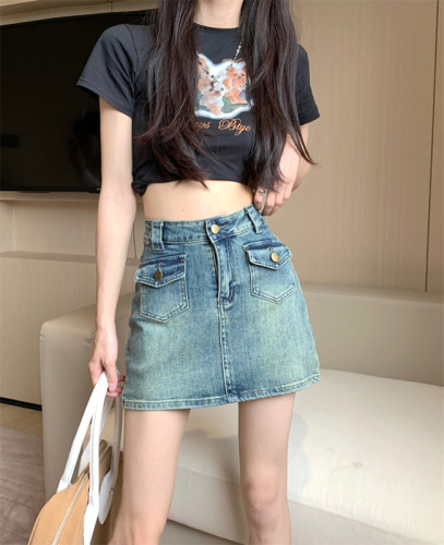 Summer new style small retro high-waist slim hip-covering short skirt cowgirl A-line skirt pants