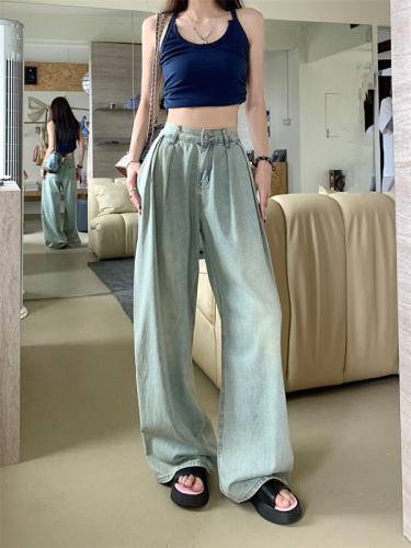 American retro light-colored pleated wide-leg jeans for women new high-waist slim floor-length trousers