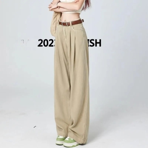 Khaki High Waist Jeans Women's  Autumn Korean Style Drapey Loose Wide Legs Slim Versatile Straight Floor-Mopping Pants
