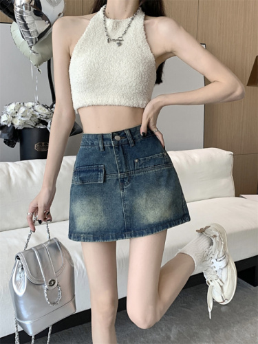 High-waisted retro culottes denim skirt women's  new petite skirt a-line hip-hugging short skirt