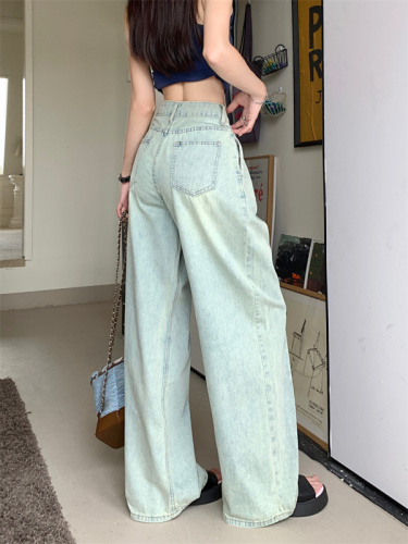 American retro light-colored pleated wide-leg jeans for women new high-waist slim floor-length trousers