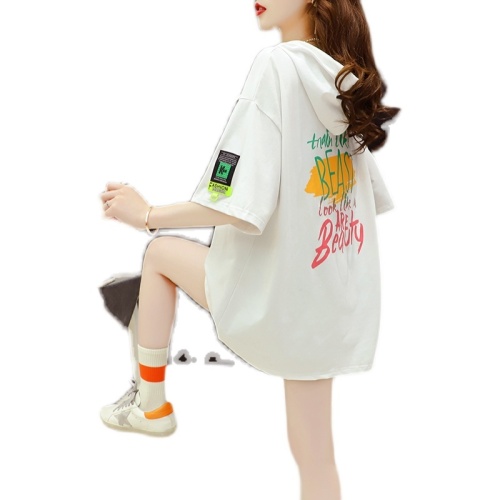 Street trend Korean cotton mid-length loose new hooded short-sleeved T-shirt women's large size tops