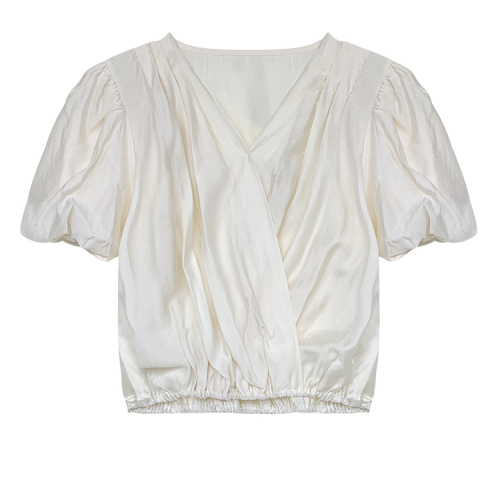 French v-neck short-sleeved shirt for women summer 2023 new shirt design niche loose puff sleeve top