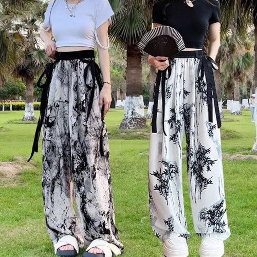 Chinese style ink and ice silk wide-leg pants for small people, high waist and slimming 2023 new summer casual pants