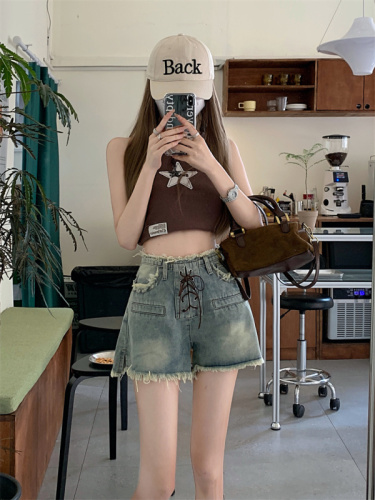 Hot girl retro denim shorts women's summer hot pants small high waist sexy a line straight wide leg pants