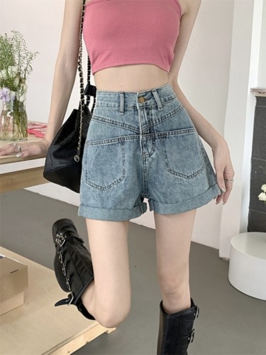 Real shot of jeans for women in summer 2024 new retro high-waisted A-line wide-leg pants versatile straight hot pants shorts