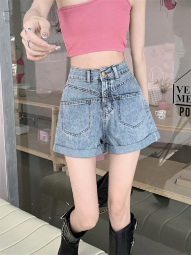 Real shot of jeans for women in summer 2024 new retro high-waisted A-line wide-leg pants versatile straight hot pants shorts