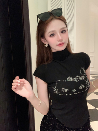 Actual shot of Pure Desire Sweet Hot Girl Short Flying Sleeve Top Women's Summer Half Turtle Collar Hot Diamond Short Sleeve T-shirt Chic and Beautiful