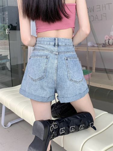 Real shot of jeans for women in summer 2024 new retro high-waisted A-line wide-leg pants versatile straight hot pants shorts