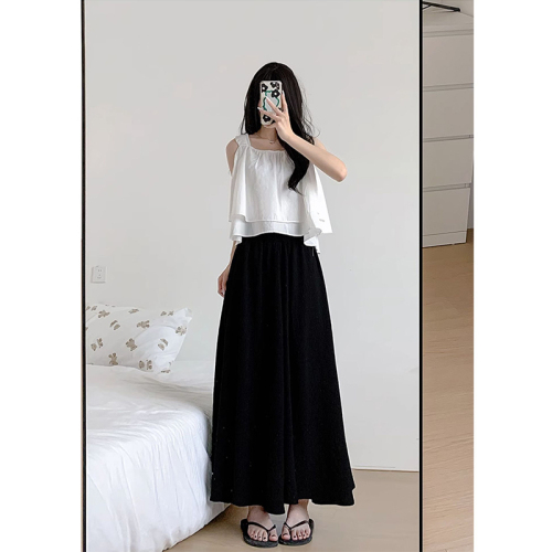 Black culottes for women summer 2023 new temperament high-waisted a-line pleated skirt drapey slim cotton and linen wide-leg pants