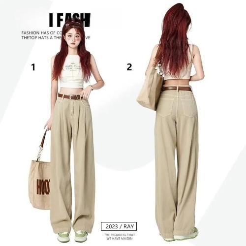 Khaki High Waist Jeans Women's  Autumn Korean Style Drapey Loose Wide Legs Slim Versatile Straight Floor-Mopping Pants