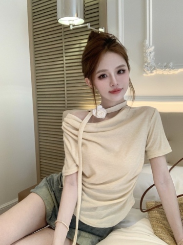 Actual shot of designer swing collar halterneck streamer T-shirt women's summer new Korean style irregular top ins