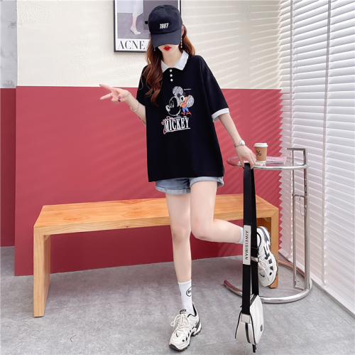 Real shot of street fashion Korean style cotton fungus collar mid-length slit cartoon POLO collar short-sleeved T-shirt for women