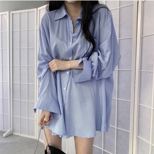 Korean chic sun protection solid color long-sleeved thin Korean style BF style loose mid-length student shirt top shirt for women