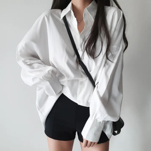 Korean chic cardigan jacket POLO collar lantern long-sleeved shirt loose casual top shirt dress