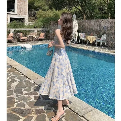 French blue oil painting long skirt beach skirt floral suspender dress female summer fairy style high-end