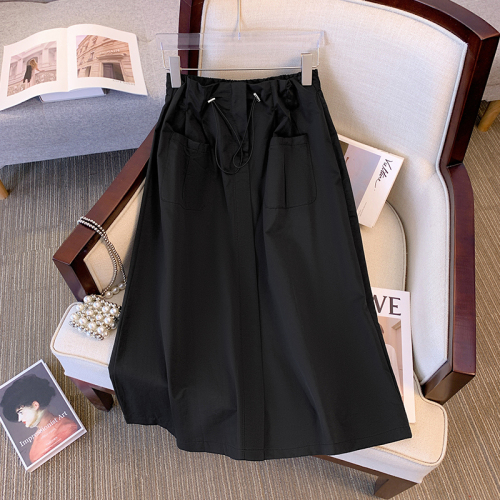 Real shot of large size 2024 spring new style fat girl design high waist drawstring mid-length a-line workwear skirt for women