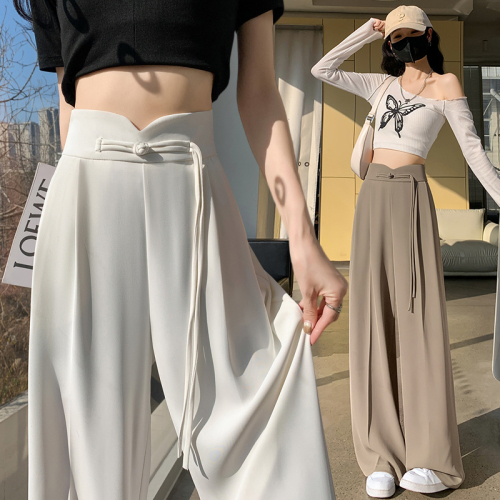 Actual shot of new Chinese-style buckle suit, wide-legged women's spring narrow version, high-waisted, straight-legged, Chinese-style loose slimming casual pants