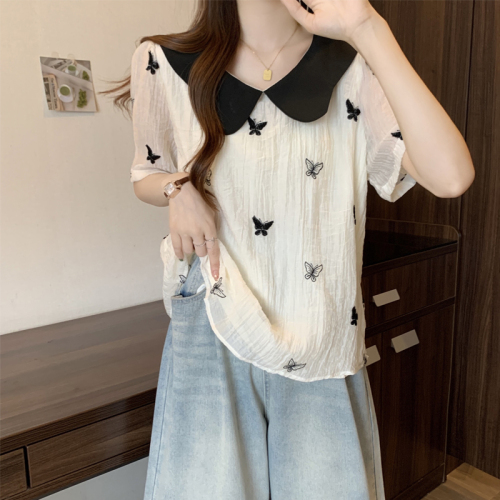 Real shot of large size French chic doll collar shirt for women 2023 summer new style fat mm loose slimming shirt