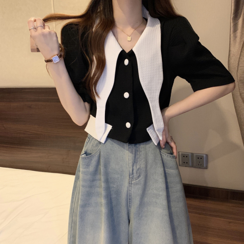 Real shot of large size summer 2023 new style small fragrance design puff sleeve shirt chic slim short top for women