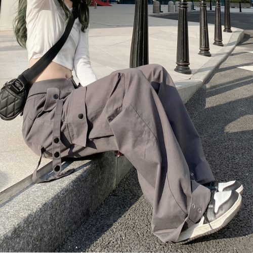 Actual shot 65 American-style buttoned high-waisted straight overalls with flap waist and casual trousers