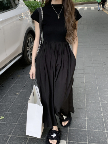 Real shot and real price~Black dress for women in summer with short sleeves, round neck, waist, slimming long skirt, high-end skirt