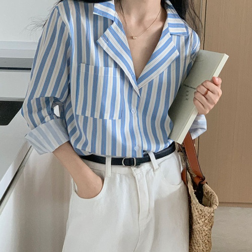 Actual price, real shot, bean blue vertical striped shirt for women, long-sleeved design, layered chic top