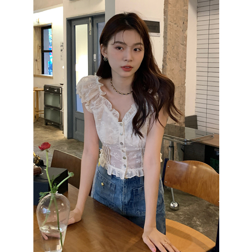 Real shot 2023 new summer style French elegant embroidered tops short-sleeved chiffon shirts for women
