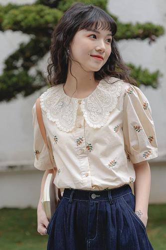 Real shot of small fresh summer new style exquisite embroidered doll collar loose retro shirt women's sweet loose top