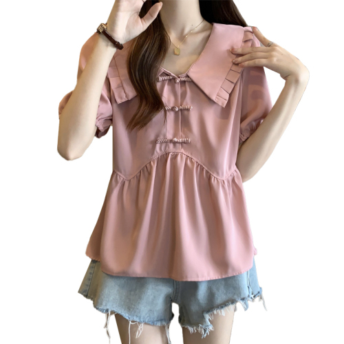 Plus size women's doll collar shoulder shirt tops fat mm summer high-end flesh-covering slimming short-sleeved tops