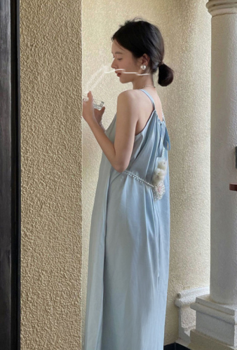 Real shot and real price Korean chic design sling drawstring simple temperament light blue pocket long skirt