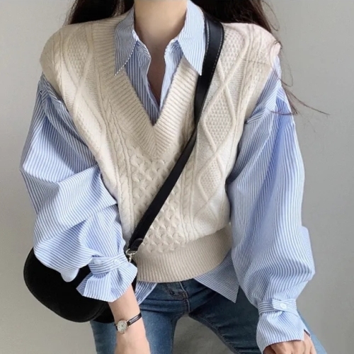 Size Update Spring Korean Design Niche Pinstripe Loose Shirt Women's Simple Versatile Long Sleeve Top