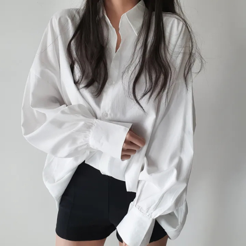 Korean chic cardigan jacket POLO collar lantern long-sleeved shirt loose casual top shirt dress