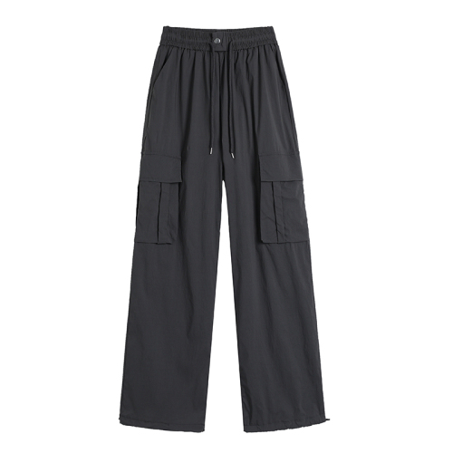 Real shot of American black overalls for women 2023 summer new style quick-drying high-waisted loose leg-tie wide-leg casual pants