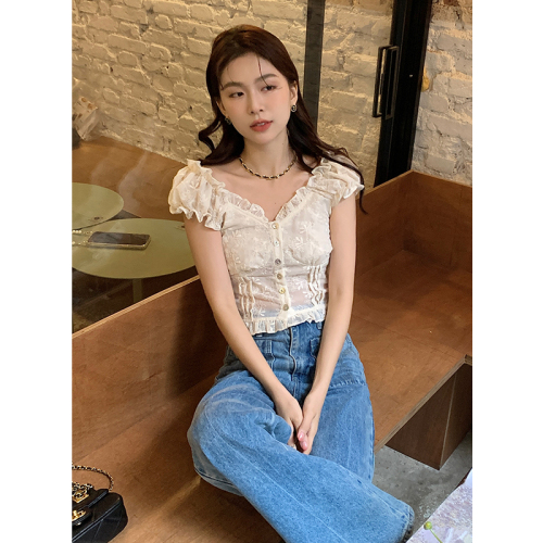 Real shot 2023 new summer style French elegant embroidered tops short-sleeved chiffon shirts for women