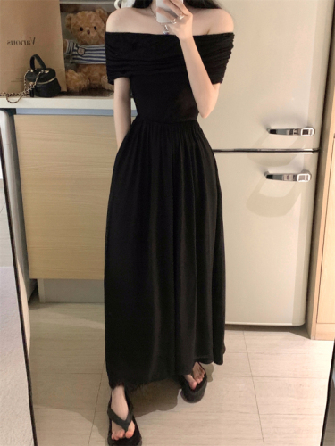 Actual shot and real price ~ French dress, high-end, socialite, one-shoulder, high-waisted, slimming, black mid-length skirt for women