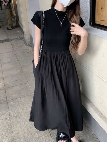 Real shot and real price~Black dress for women in summer with short sleeves, round neck, waist, slimming long skirt, high-end skirt