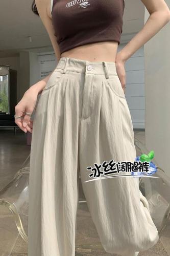 Real shot of pleated ice silk cotton and linen wide-leg pants for women, summer high-waist drape suit pants, Japanese style lazy style Yamamoto pants